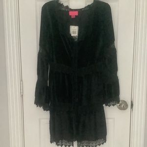 Betsey Johnson Black Velvet/Lace Tiered Duster Cardigan w/ 3 Ties Size S/M NWT